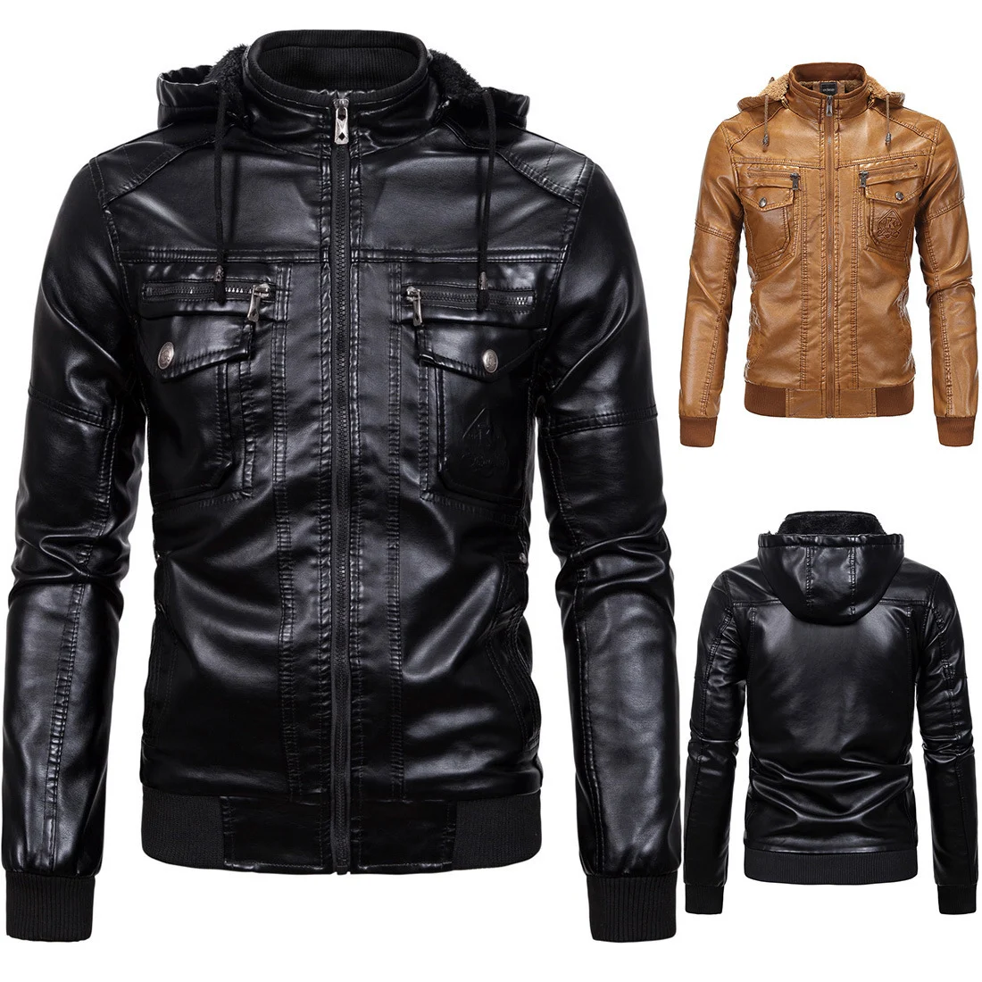 Title 2, Fleece Lined Warm Leather Jacket with Hood, the...