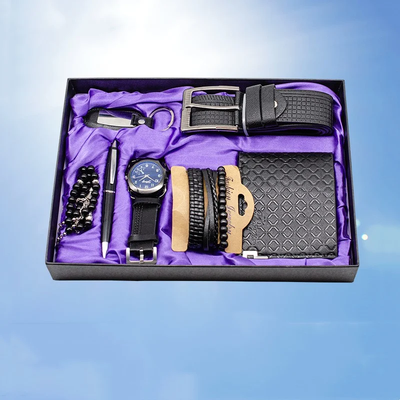 Conjunto de presente masculino 7 peças com relógio, carteira, cinto, pulseira, chaveiro, contas, caneta, estojo e caixa, presente elegante. — foto 8
