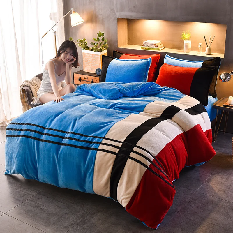 Four-piece Set of Thickened Color Matching Striped French Velvet Sheets for Autumn and Winter, offering warmth and comfo — photo 1