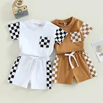 Conjunto curto com estampa xadrez de tabuleiro de xadrez e costura para bebês e crianças pequenas. Manga curta, ideal para o verão. — foto 4