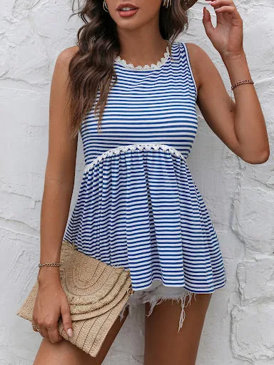 Title 10, Womens Lace Patchwork Round Neck Striped Knitt...