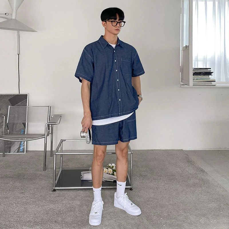 Camisa Jeans Manga Curta Masculina e Jaqueta de Trabalho com Shorts Jeans, ideal para o verão, confortável e perfeita para atividades diárias. — foto 7