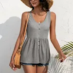 Effen kleur geplooid mouwloos decoratief T-shirt met U-hals en knopen — foto 6