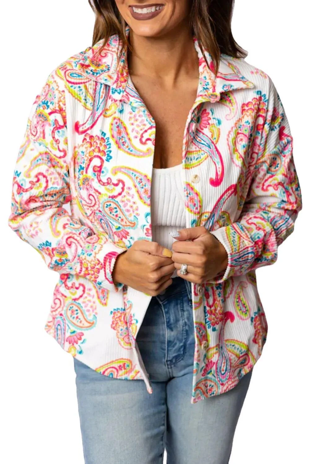 Camicia da donna con risvolto monopetto a maniche lunghe, ampia e alla moda — foto 13