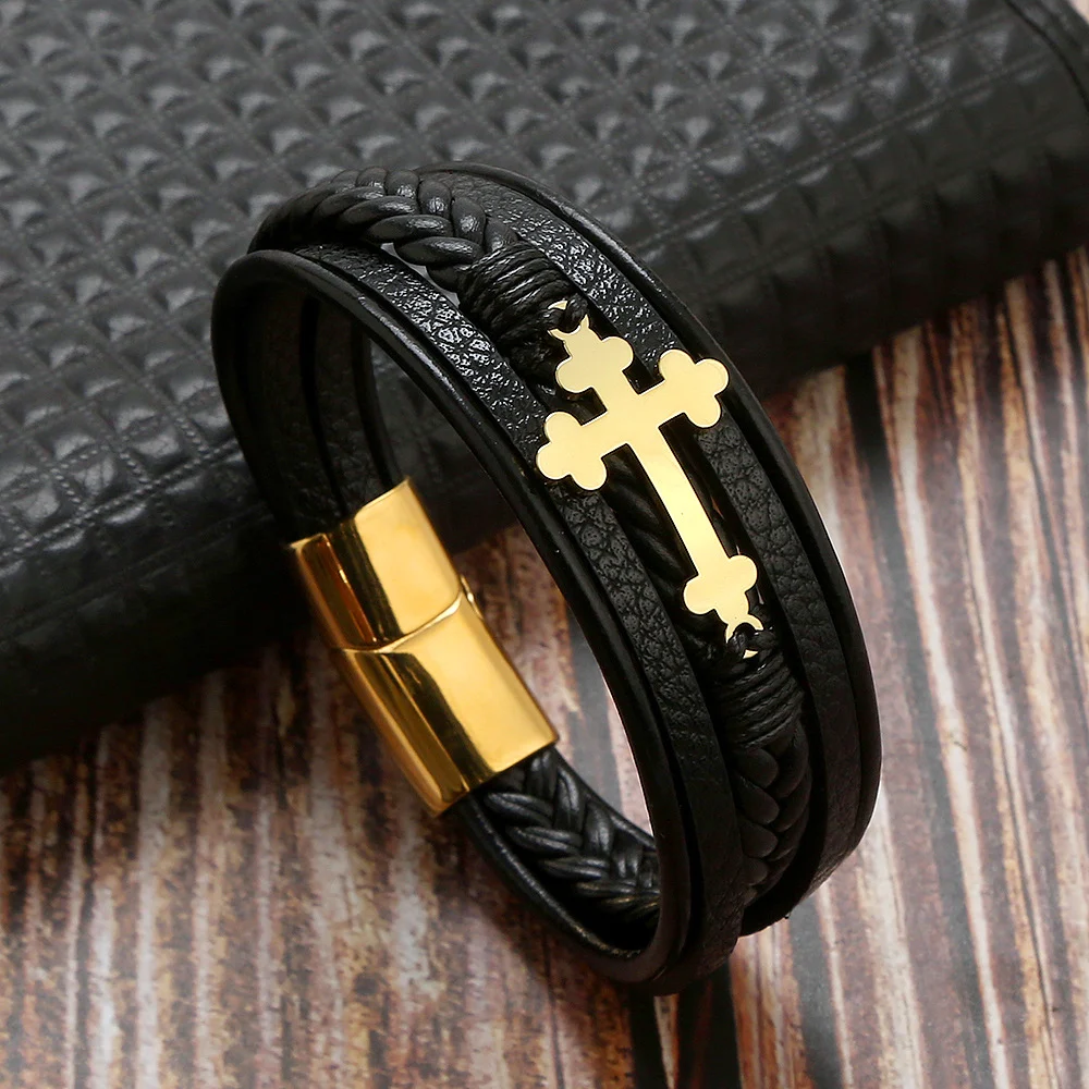 Pulseira masculina de couro trançado multicamadas personalizada, um acessório estiloso e único para um toque pessoal e elegante. — foto 1