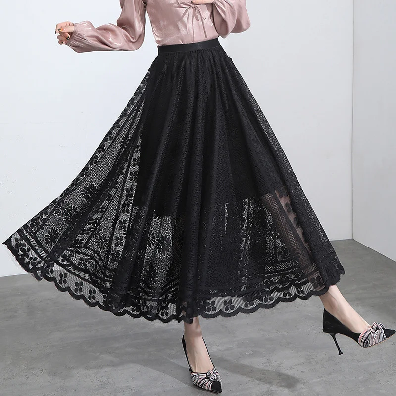 Damen A-Linien Midi-Rock Frühling Sommer, Spitze, Halblang, weiter Schwung, Netzgarn, Feen-Falten. Für einen femininen Look, ideal für warme Tage. — foto 2