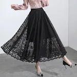 Damen A-Linien Midi-Rock Frühling Sommer, Spitze, Halblang, weiter Schwung, Netzgarn, Feen-Falten. Für einen femininen Look, ideal für warme Tage. — foto 2