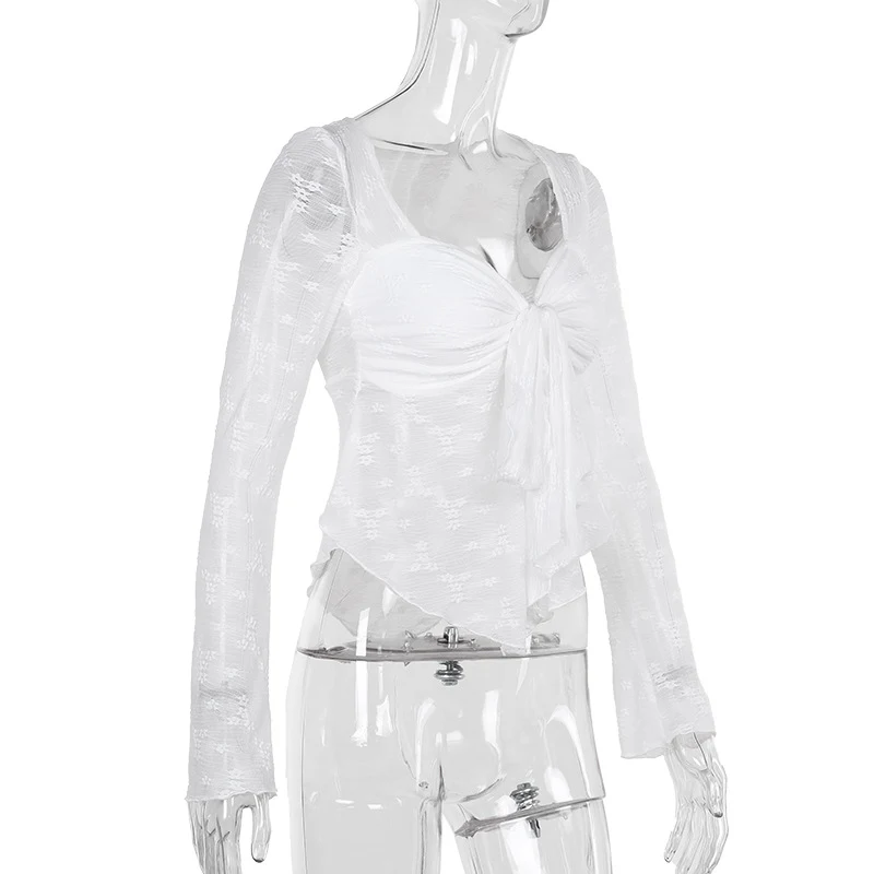Title 12, Womens Lace Long-sleeved See-through Top Elega...