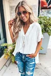 Women's Thin Cotton Striped Pullover Summer Pleated Loose V-neck Short Sleeve Top — photo 6