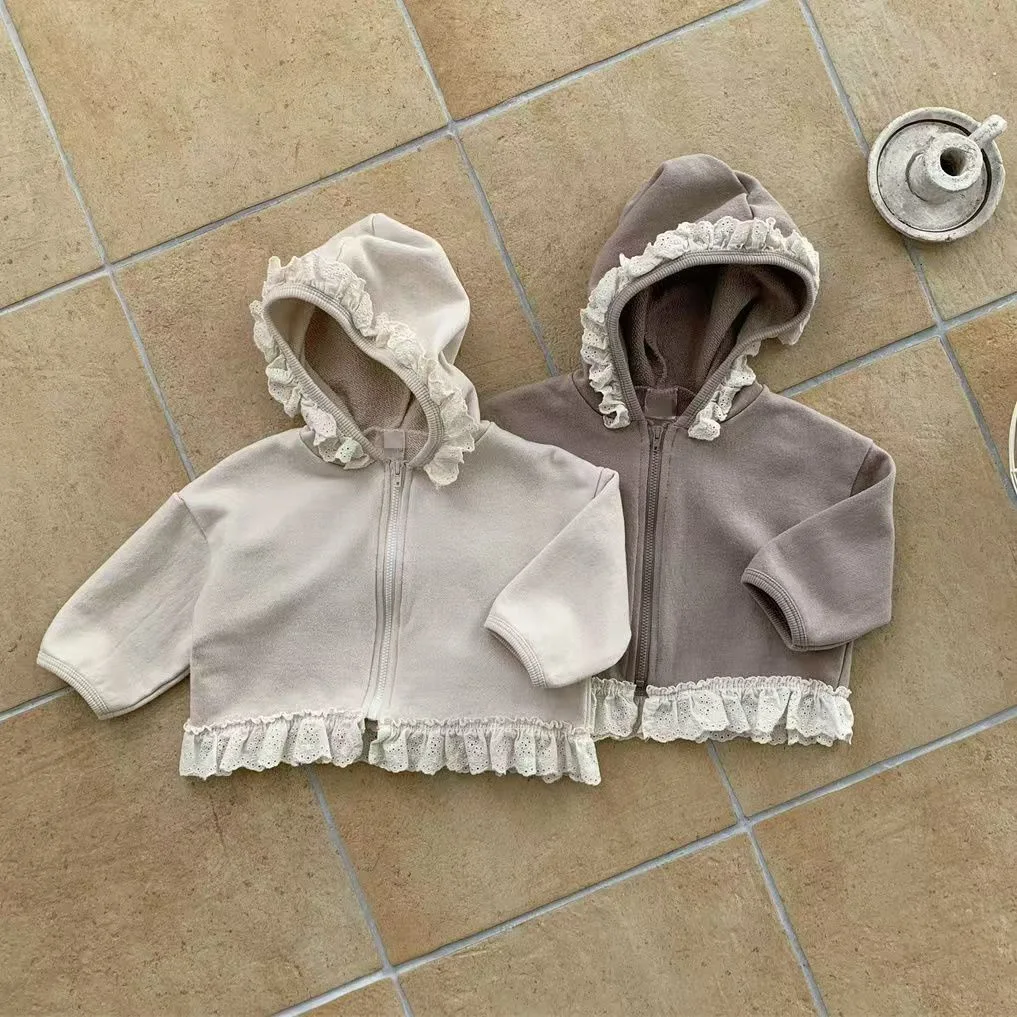 Lente en herfst nieuwe sweatshirth met kanten capuchon en rits, perfect voor een casual en chique look, comfortabel en ademend. — foto 1