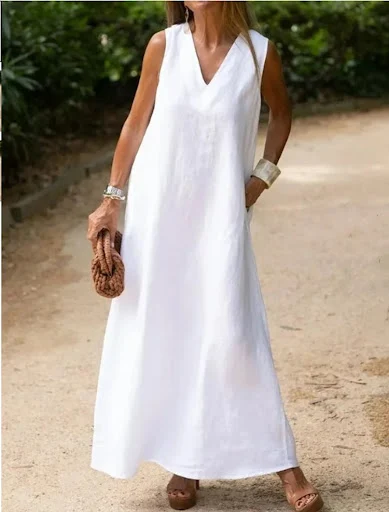Title 2, Plus Size White Cotton Linen Dress for Women, C...