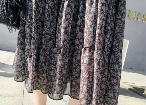 Title 5, Retro High Waist All-match Floral Chiffon Skirt...
