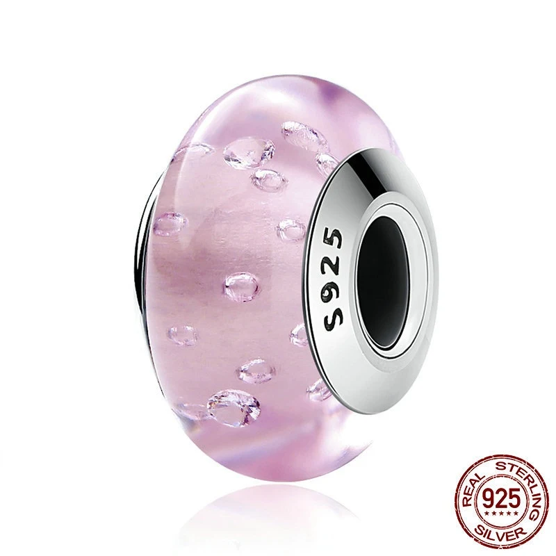 Title 2, S925 Sterling Silver Bubble Glass Bead Charm. A...