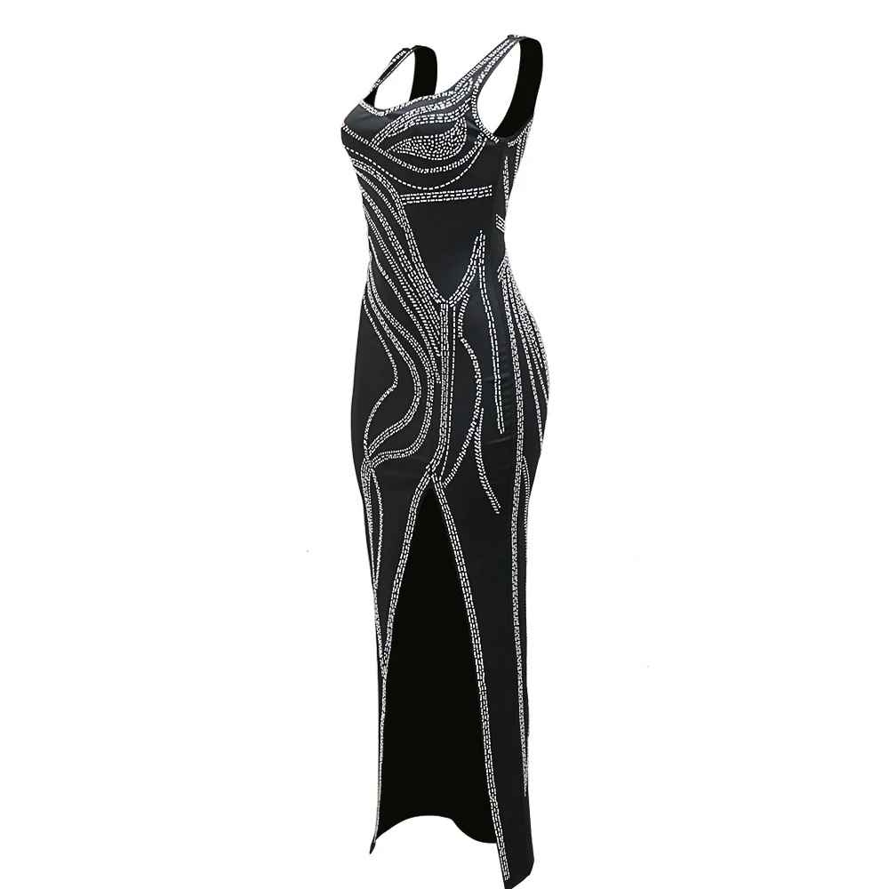 Women's Fashion Suspenders Solid Color Rhinestone High Slit Dress — photo 7