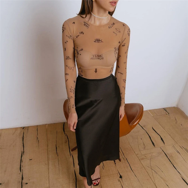 Title 6, Ladies Mesh Sheer Slim Fit Long Sleeve Printed ...