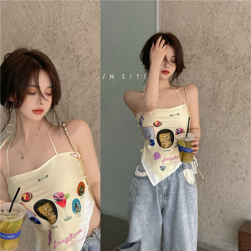 Women's Summer Print Halter Neck Wrap Chest Triangle Turban Vest Bottoming Top With Sling — photo 1