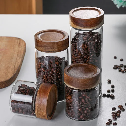 Title 13, Acacia Wood Lid Glass Threaded Seal Storage Tan...