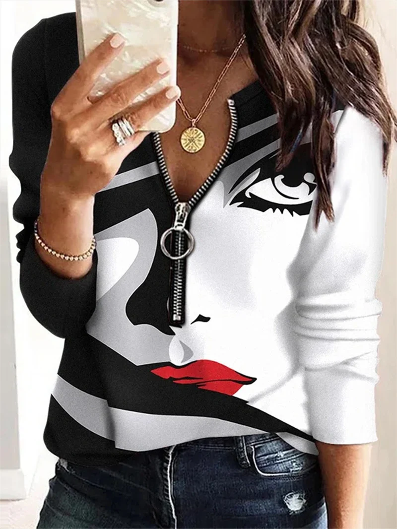 Title 5, Geometric Abstract Printing Long Sleeve Zipper ...