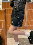 Denim kratka suknja sa zvezdanim vezom, visokog struka, u American Vintage stilu, idealna za leto, Spice Girl stil, suknja za kukove. — foto 9