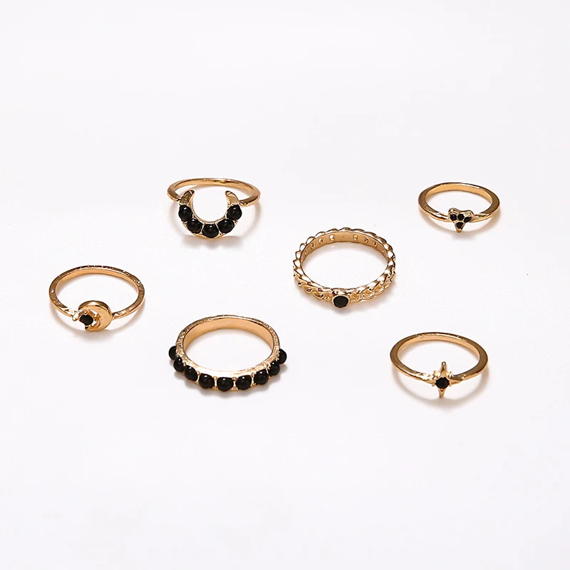 Conjunto de anéis 6 peças estrela lua com pedra preta. Adicione um toque místico e elegante ao seu visual com este conjunto celestial e sofisticado. — foto 2
