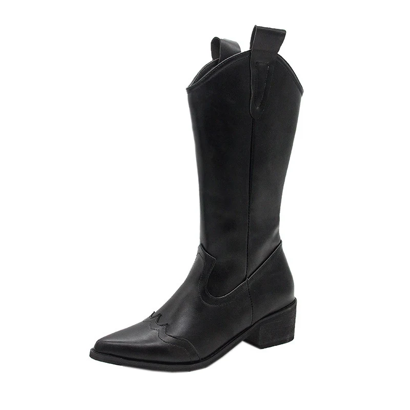 Title 1, Retro Pointed Toe Thick Heel High Boots Women. ...