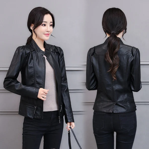 New Korean Style Motorcycle Leather Coat for Spring & Autumn, Stand-up Collar, Slim Fit, Slimming — photo 15