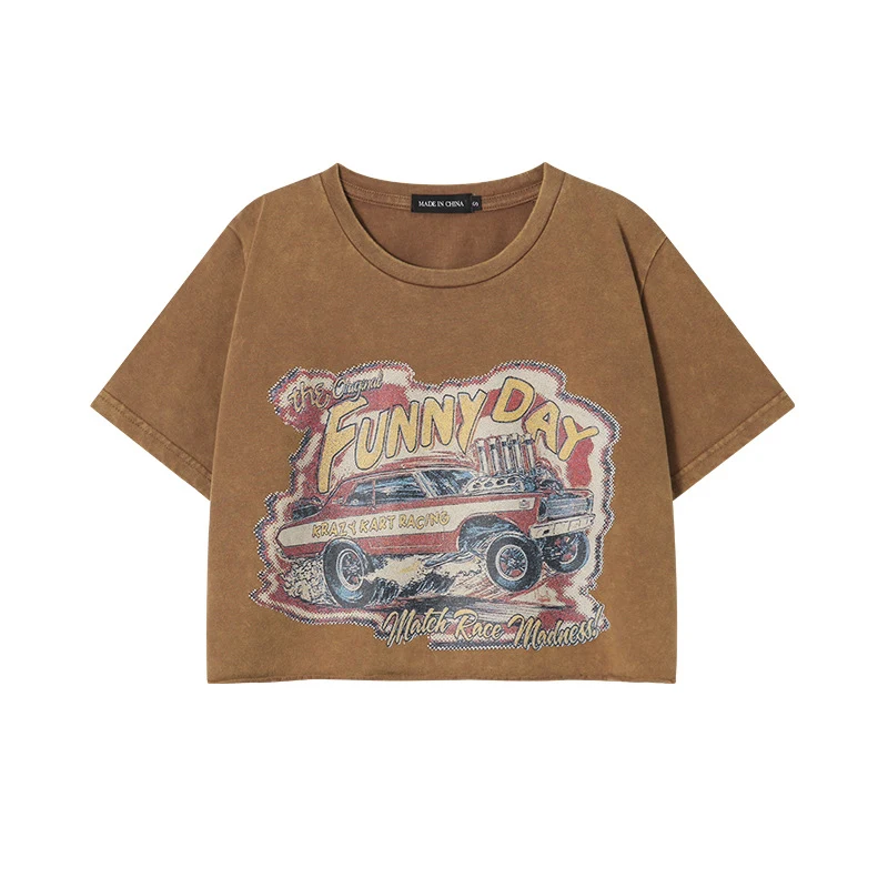 Retro distressed printed short sleeve round neck with dropped shoulder and loose fit T-shirt. Comfortable and stylish fo — photo 5