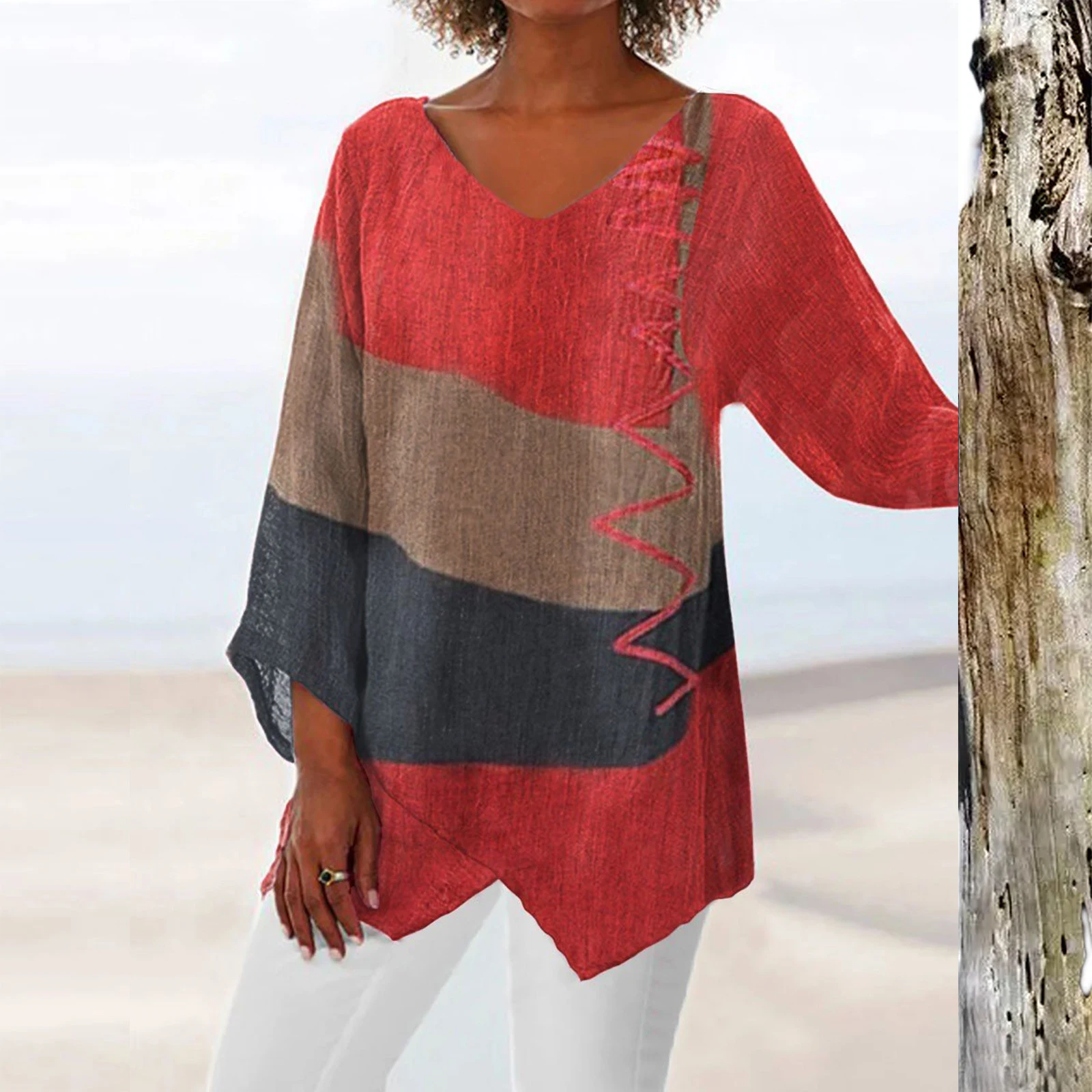 Title 4, New Womens Casual Loose V-neck Retro Top, Arti...
