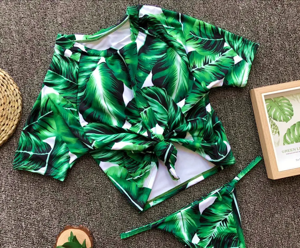 Title 12, Knotted Split Swimsuit, Half Sleeve Bikini, Sol...