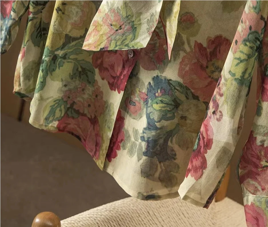 Oil Painting Floral Cabinet Artistic Sense Stand Collar Ribbon Silk Shirt — photo 6