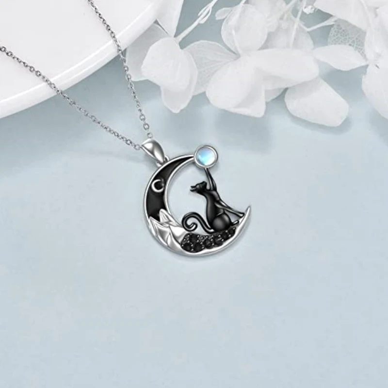 Colar com pingente de gato preto lua, moderno, personalizado e fofo, com pedra da lua. Presente ideal para amantes de gatos. — foto 8
