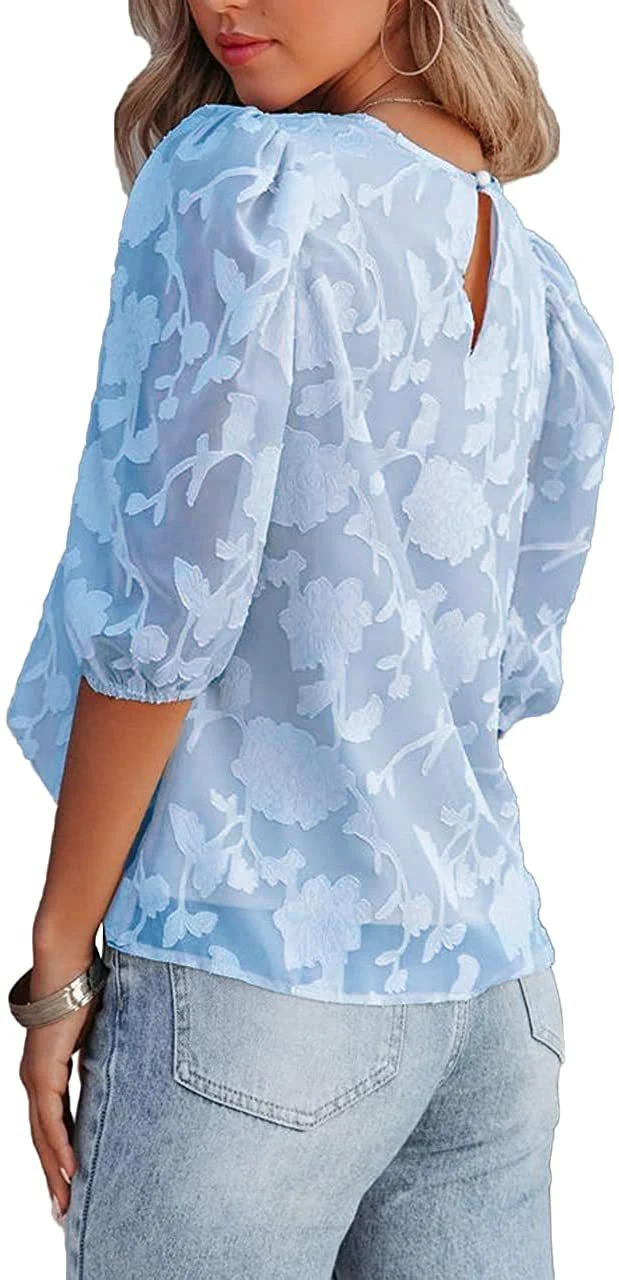 Title 7, Womens Puff Sleeve Chiffon Loose Top Flower Te...