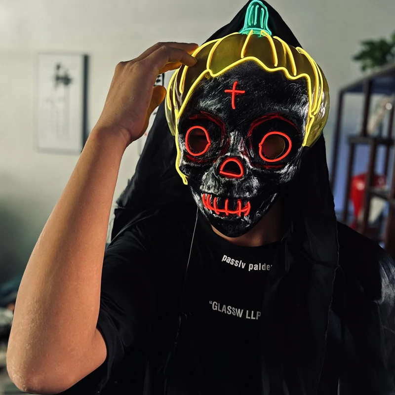 Máscara de Halloween Terror LED Abóbora Caveira Brilhante Fantasia Assustadora Festa Iluminada Noite Acessório — foto 2