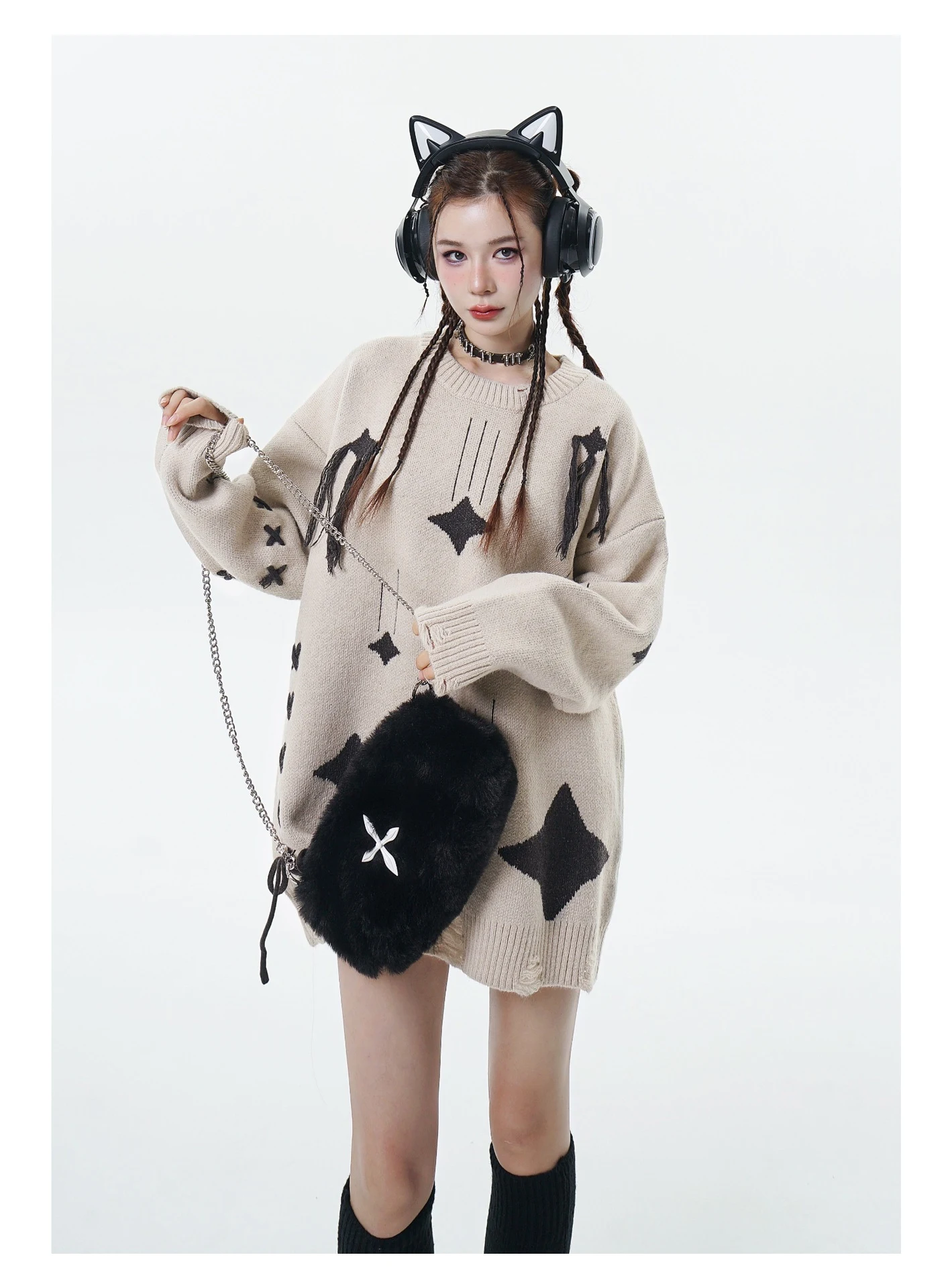 Lace loose round neck knitted ripped sweater, offering a casual and stylish look, comfortable for everyday wear, ideal f — photo 15