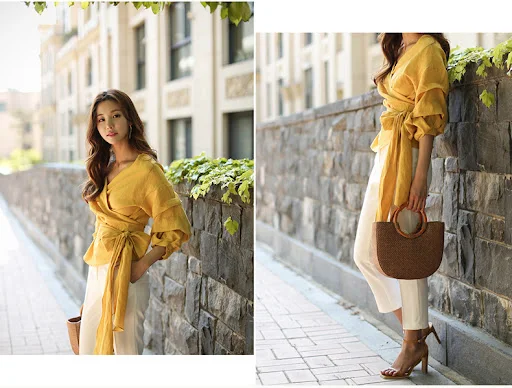 Title 15, Bubble lantern sleeve bottoming shirt. A stylis...