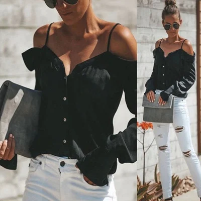 Camicia a monospalla con scollo a V, maniche a lanterna e tinta unita, perfetta per un look elegante e sofisticato. — foto 5