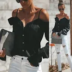 Camicia a monospalla con scollo a V, maniche a lanterna e tinta unita, perfetta per un look elegante e sofisticato. — foto 5