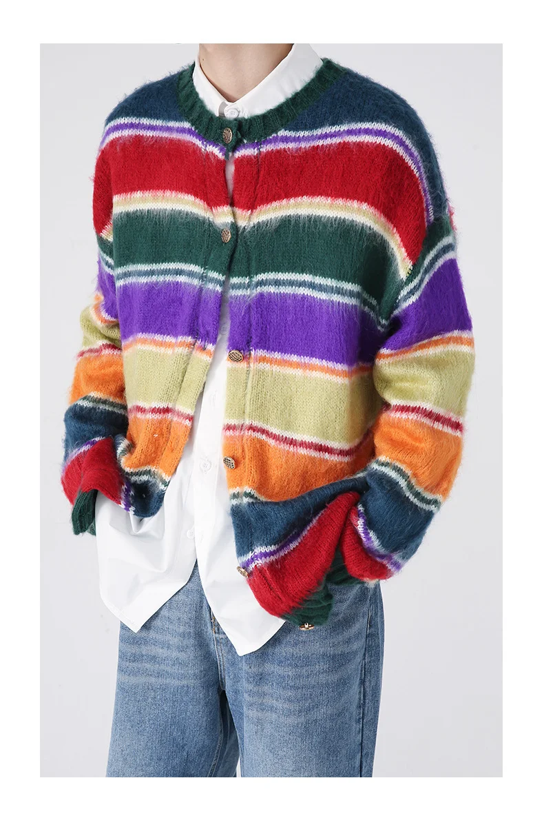 Men's Retro Contrast Color Rainbow Striped Cardigan Knitted Sweater. A stylish and comfortable sweater for a vibrant and — photo 11