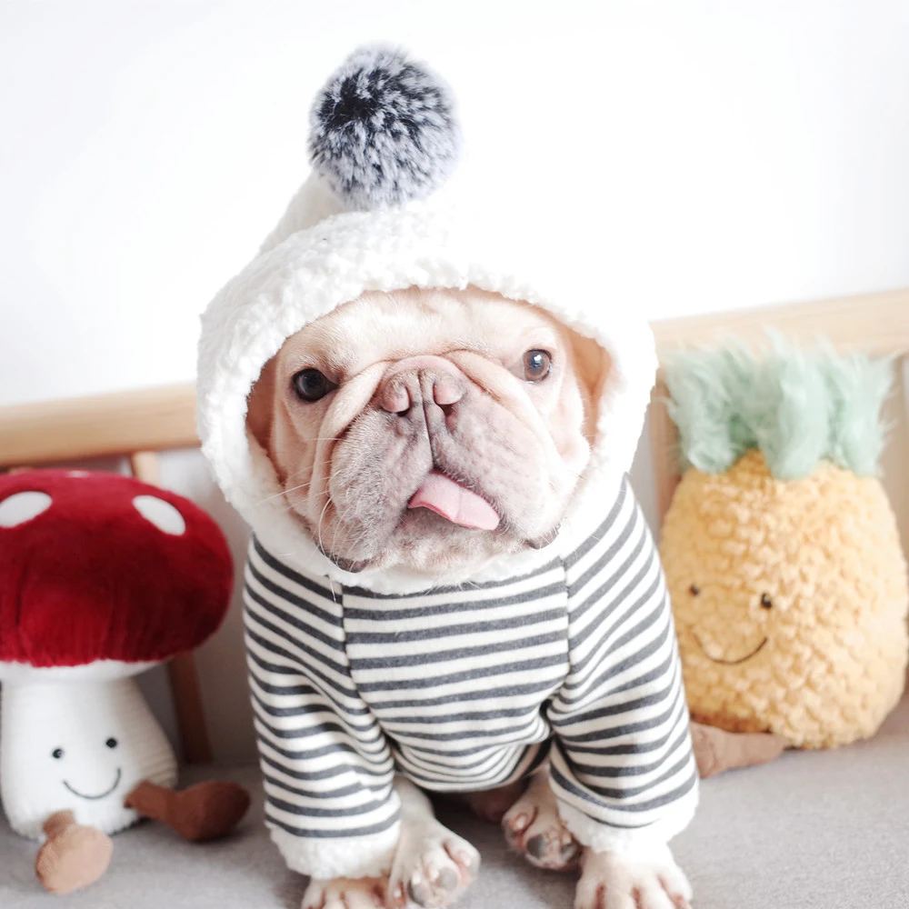 Pet Dog Lamb Velvet Striped Knitted Hooded Sweater. Keep your dog warm and stylish with this comfortable and cozy winter — photo 3
