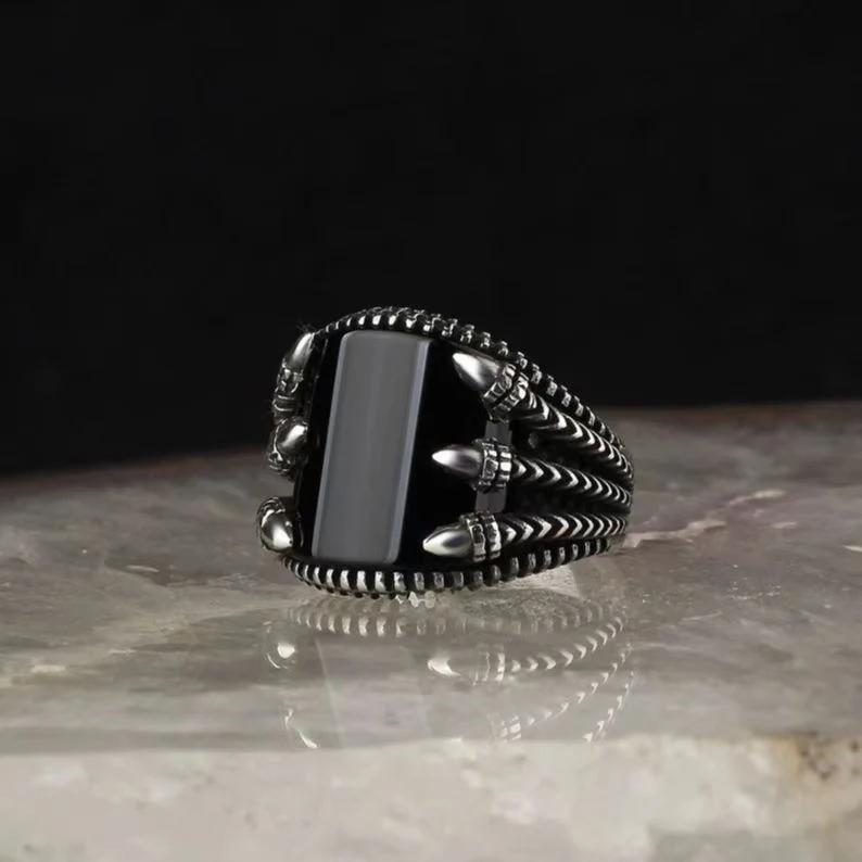 Anel masculino Dragon Claw Retro Punk com pedra preta grande — foto 2