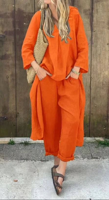 Traje de 2 piezas para mujer, manga larga, cuello en V holgado, pantalón ancho de cintura alta con bolsillos, cómodo y elegante. — foto 1