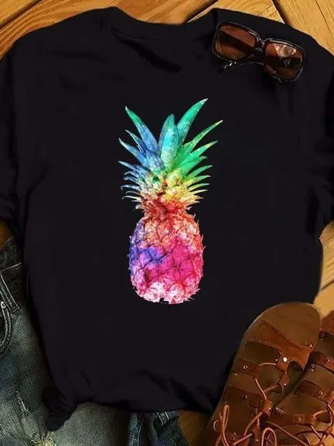 Camiseta feminina com estampa de abacaxi, top da moda. Conforto e estilo para o verão, perfeita para looks casuais e descontraídos. — foto 11