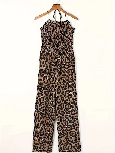 Title 6, Womens Leopard Print Halter Backless Jumpsuit