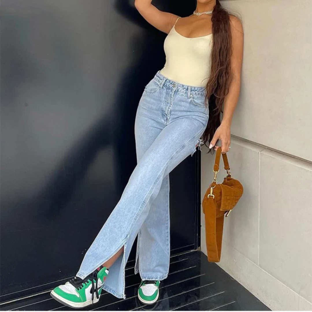 Calças jeans femininas cintura alta com rasgos e fenda na barra, stretch e confortáveis, perfeitas para um visual estiloso e moderno. — foto 8