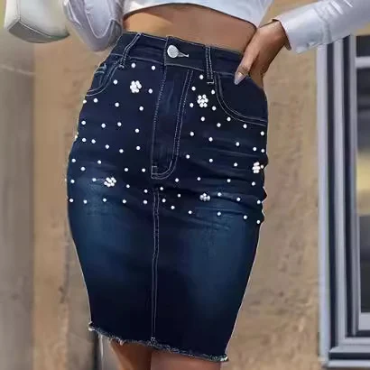 Title 4, Saia jeans stretch feminina lavada com miçangas...