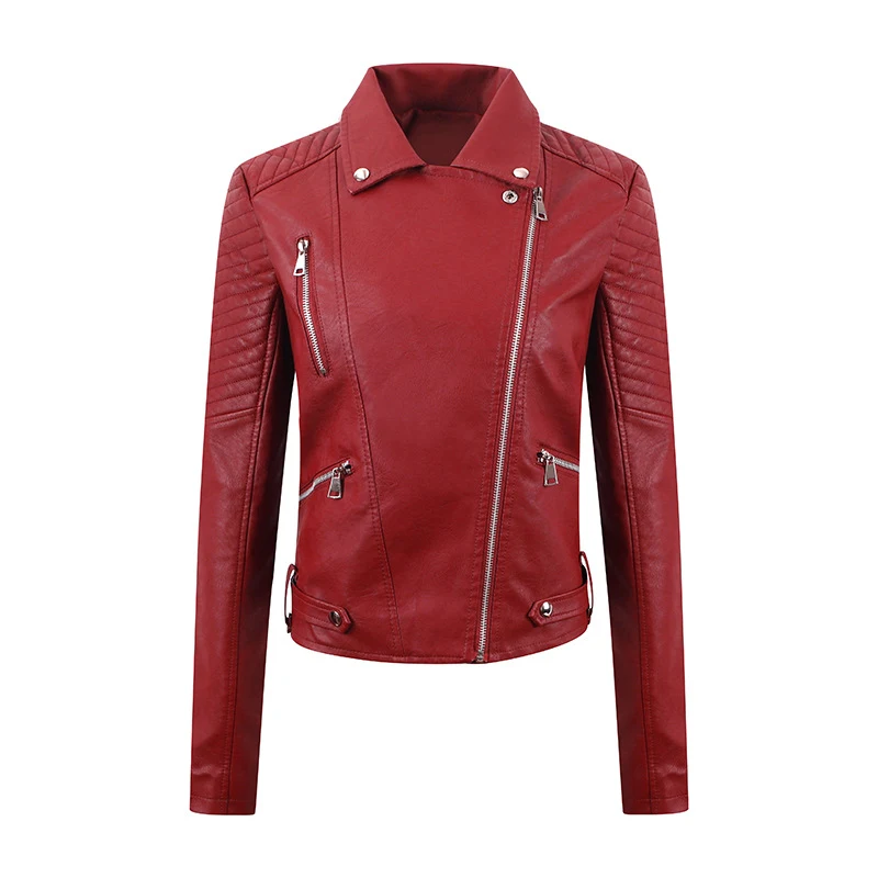 Women's PU Short Leather Oblique Pull Slim Motorcycle Jacket with Washed Leather Finish, a stylish and edgy outerwear op — photo 3