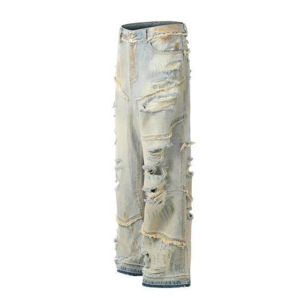Gewassen loose fit jeans met wijde pijpen, grote gaten, tooling-profiel, lint en houthakkerslook. Stoere en comfortabele stijl. — foto 10