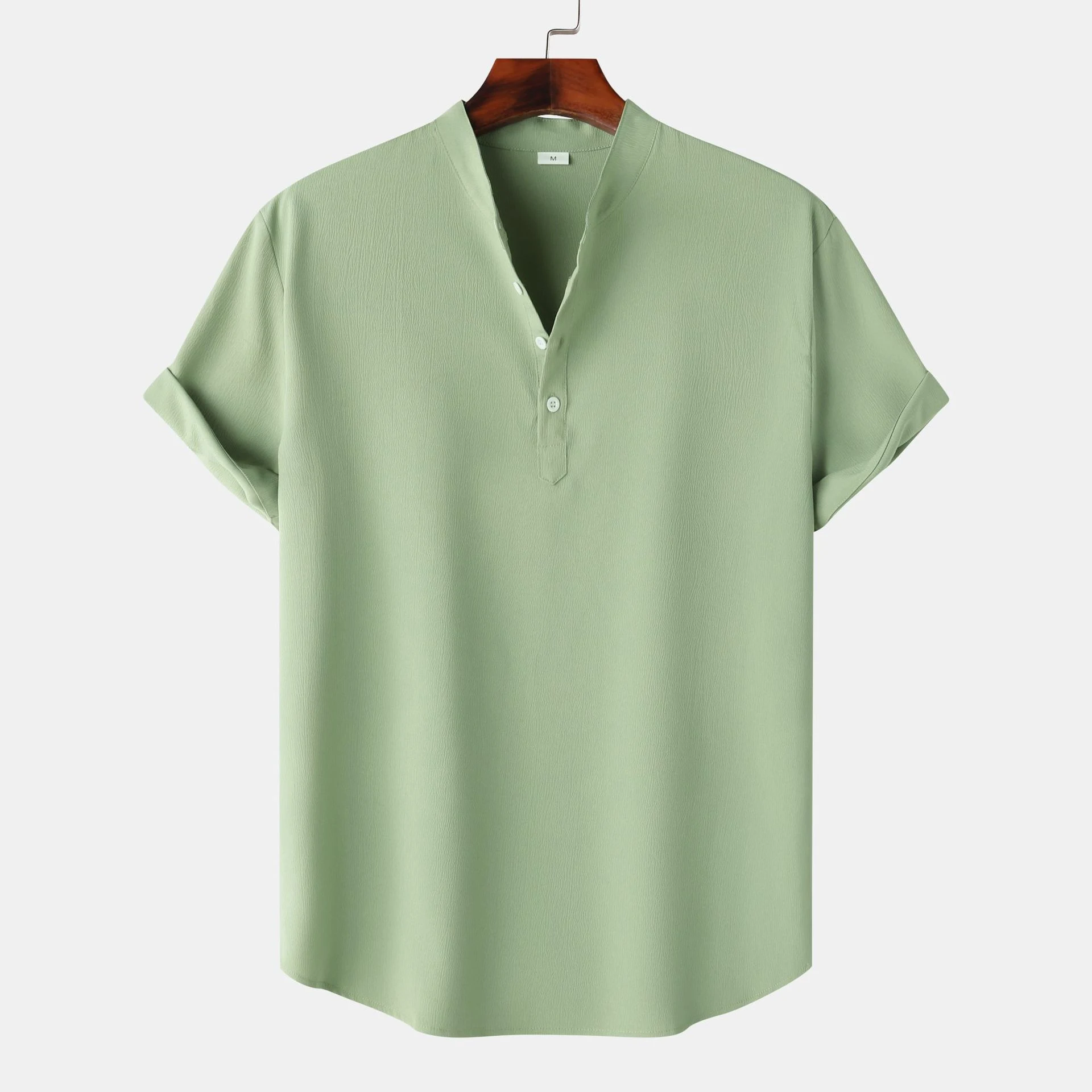 Heren linnen shirt met korte mouwen, effen kleur, opstaande kraag, ideaal voor de zomer, comfortabel en stijlvol, ademend en lichtgewicht. Perfect voor warme dagen. — foto 5