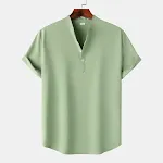 Heren linnen shirt met korte mouwen, effen kleur, opstaande kraag, ideaal voor de zomer, comfortabel en stijlvol, ademend en lichtgewicht. Perfect voor warme dagen. — foto 5