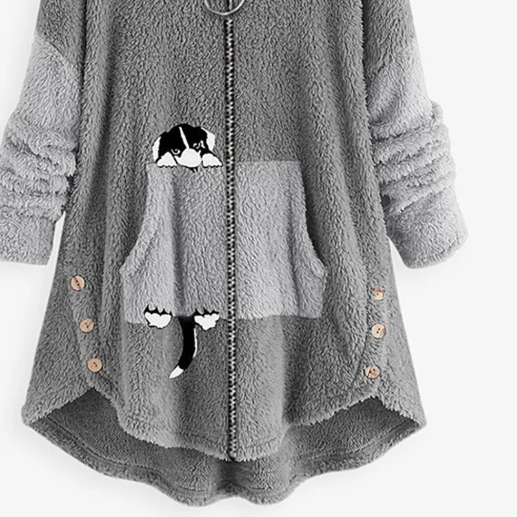 Title 5, Plus Size Loose Plush Coat Hooded Long Sleeve S...